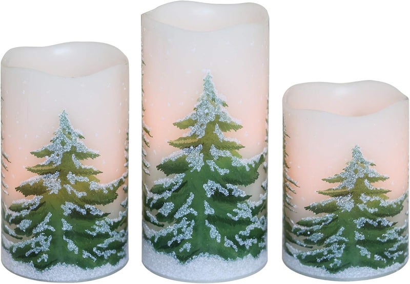 DRomance Christmas Flameless Candles with 6 Hour Timer, 3 Pack Real Wax LED Pillar Candles Warm Light Flickering Holiday Decor(Green Christmas Tree, 3 x 4,5,6 Inches) - Image 1